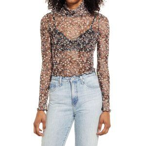 New La La Land Creative Co Small Floral Turtleneck Mesh Top NWT